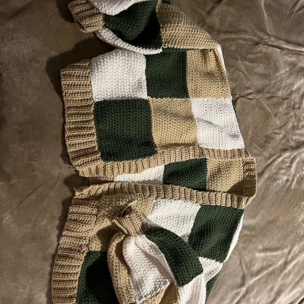 Green and Tan Checkered Crotchet Sweater